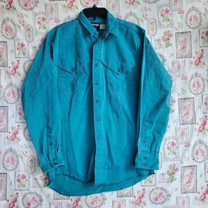 Vintage Wrangler Brushpopper Shirt M Blue Regular Fit X-Long‎ Tails USA Crafted